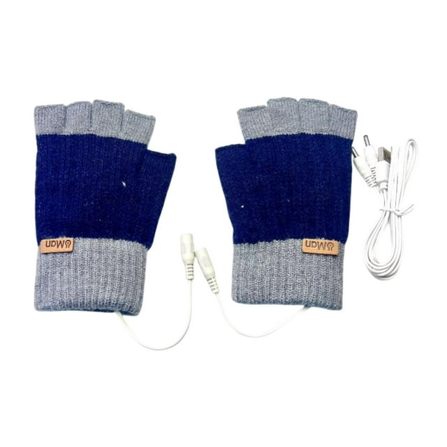 Guantes USB calentados de media palma de doble cara y espalda calefacción de clima frío Azul