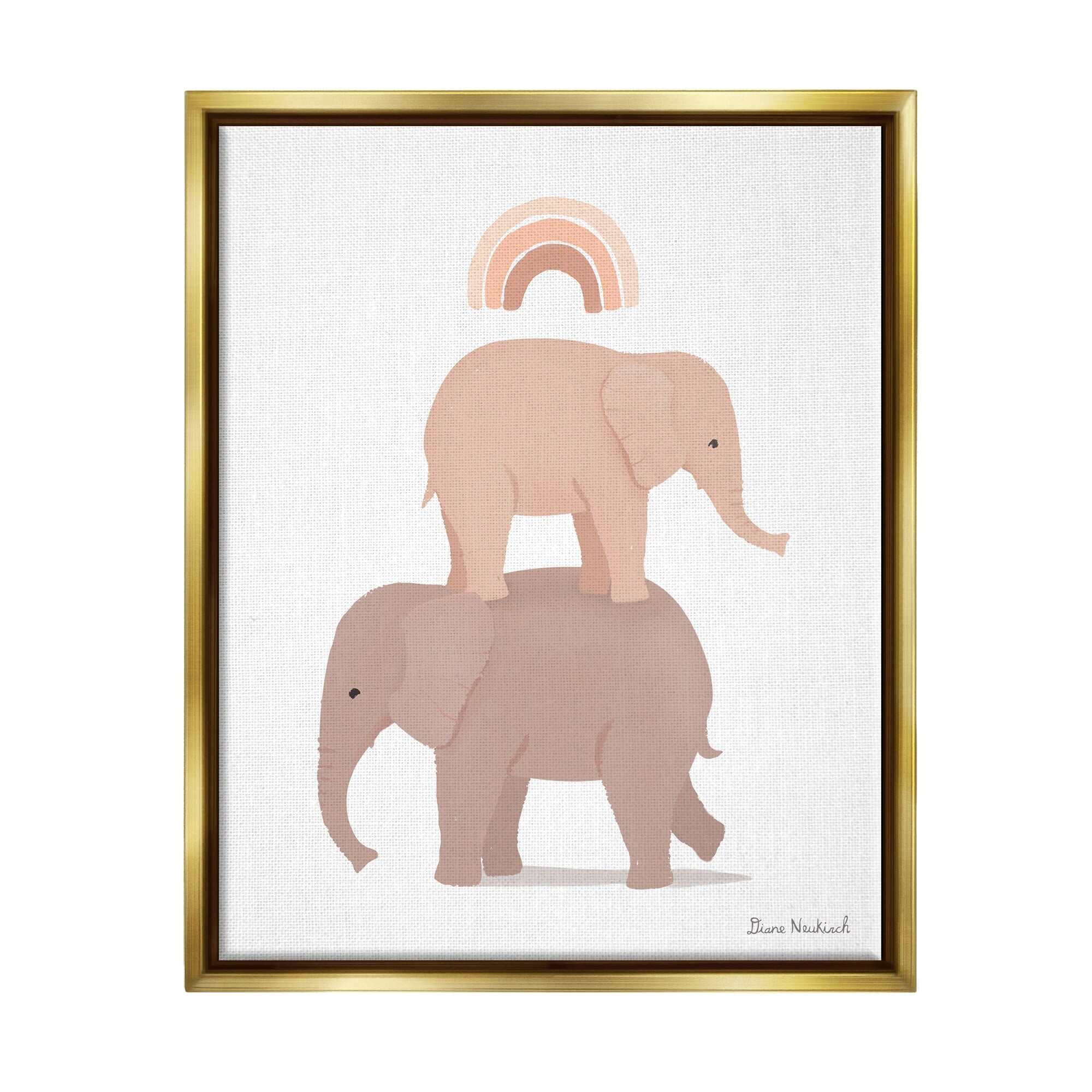 Stupell Industries Two Elephants Standing Under Rainbow Neutral Tones Graphic Art Metallic Gold Floating Framed Canvas Print Wall Art, Design by Diane Neukirch
