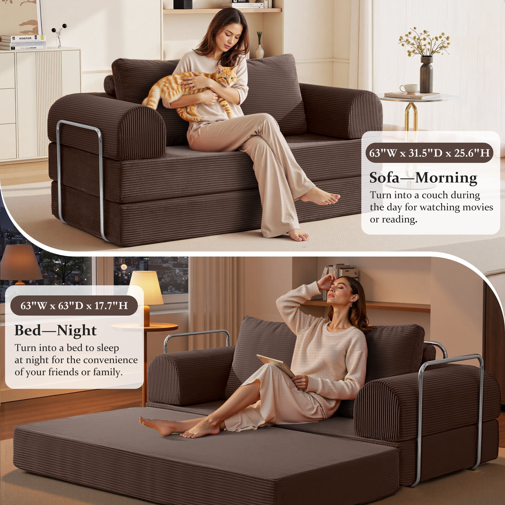 COOLHUT 63" W Convertible Sofa Bed, Foam Floor Sofa, Folding Sleeper Sofa Couch Bed with Six Frame, High Rebound Density Sofa, Corduroy Sofa Couch Bed for Living Room, Bedroom, Coffee