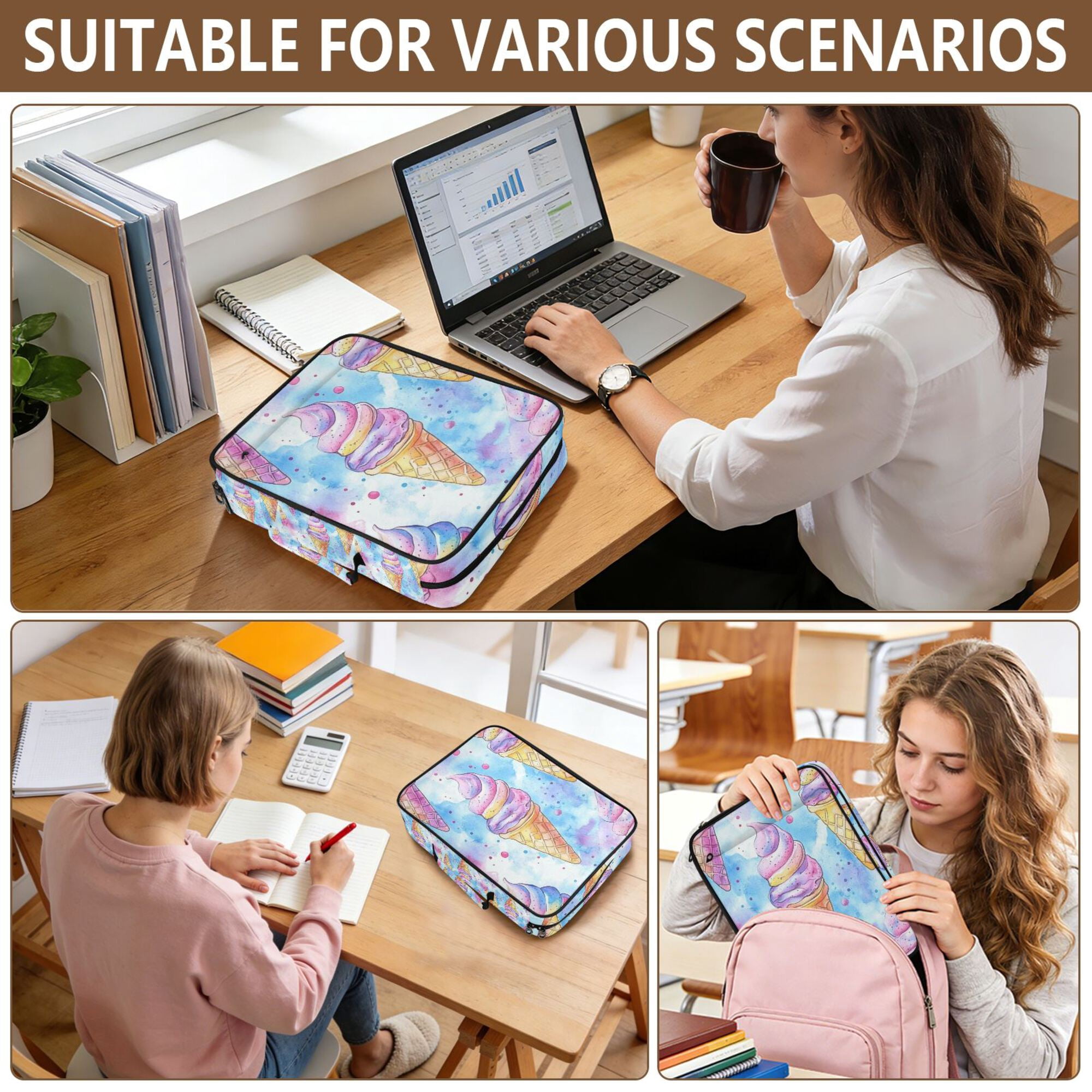 FORMRS Accordion File Folder A4 Size 7-Pocket Expanding Document Organizer Bag with 3 Ring Binder, Watercolor Ice Cream Pattern