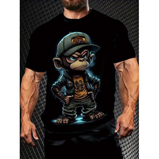 Summer Men's Casual Graphic Print Short Sleeve Crew Neck Tee, Monkey Print T-shirt