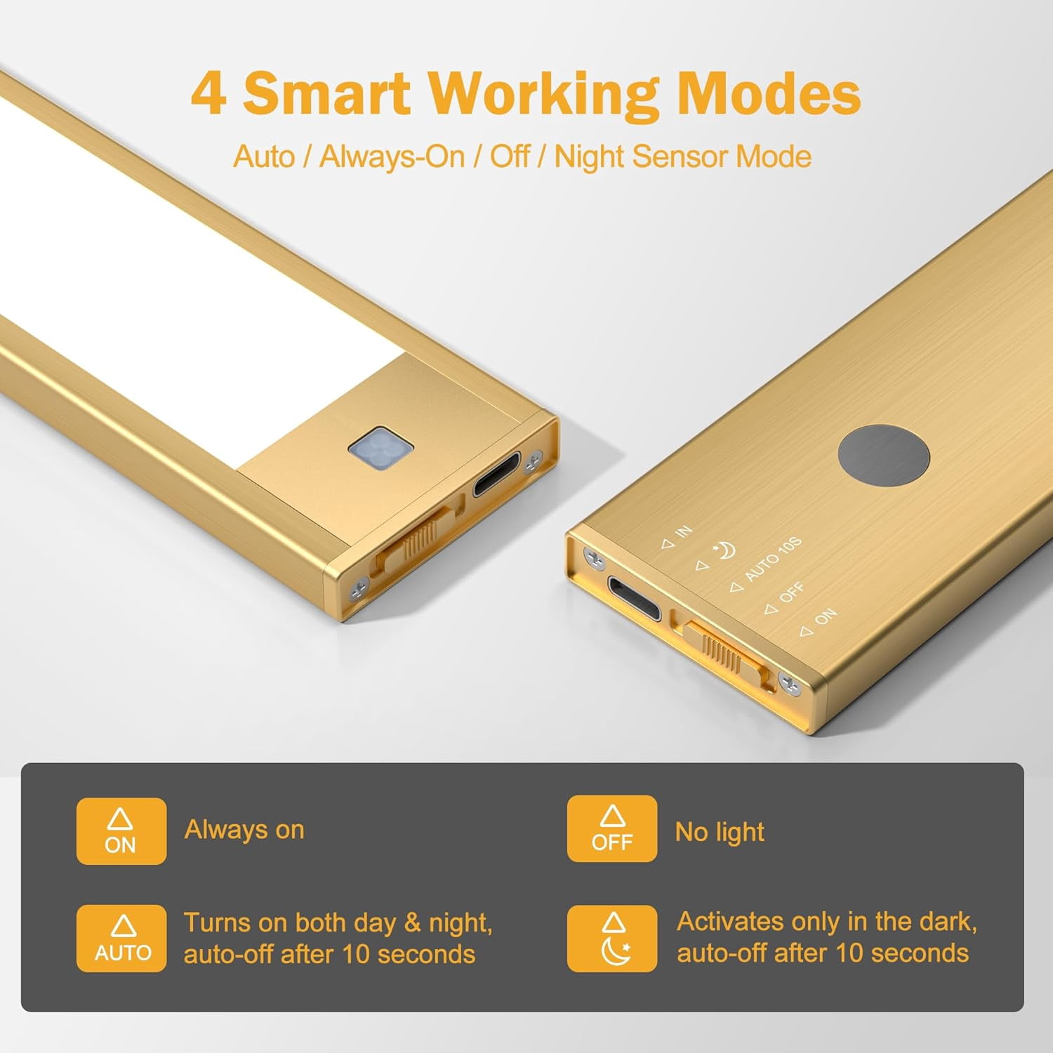 V4light Rechargeable Motion Sensor Under Cabinet Light, Magnetic LED Bar 1500mAh Gold, Dimmable 3 CCT (9 in)