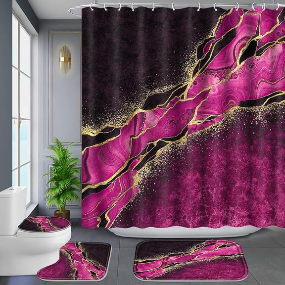 Poedist 4Pcs Shower Curtain Set, Bathroom Sets with Shower Curtain and Rugs, with Non-Slip Rugs,Toilet Lid Cover,Bath Mat and 12 Hooks,71 x 71 Inch,Rose Gold Marble