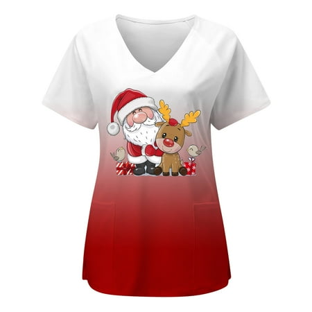 

TAIAOJING Women Scrubs Top Christmas Print Short Sleeve Pocket V Neck Overalls T Shirt Short Sleeve Top Casual Blouses T Shirts