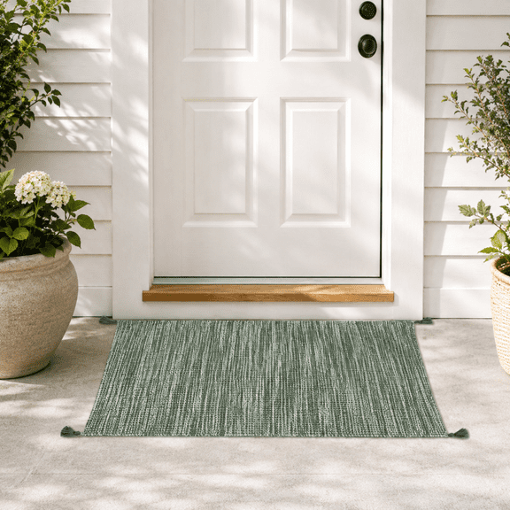 Green Layering Rug With Tassels Woven Small Area Rug For Front Door Porch Kitchen Bedroom Indoor Outdoor Home Decor 23.62 X 15.75 In Green