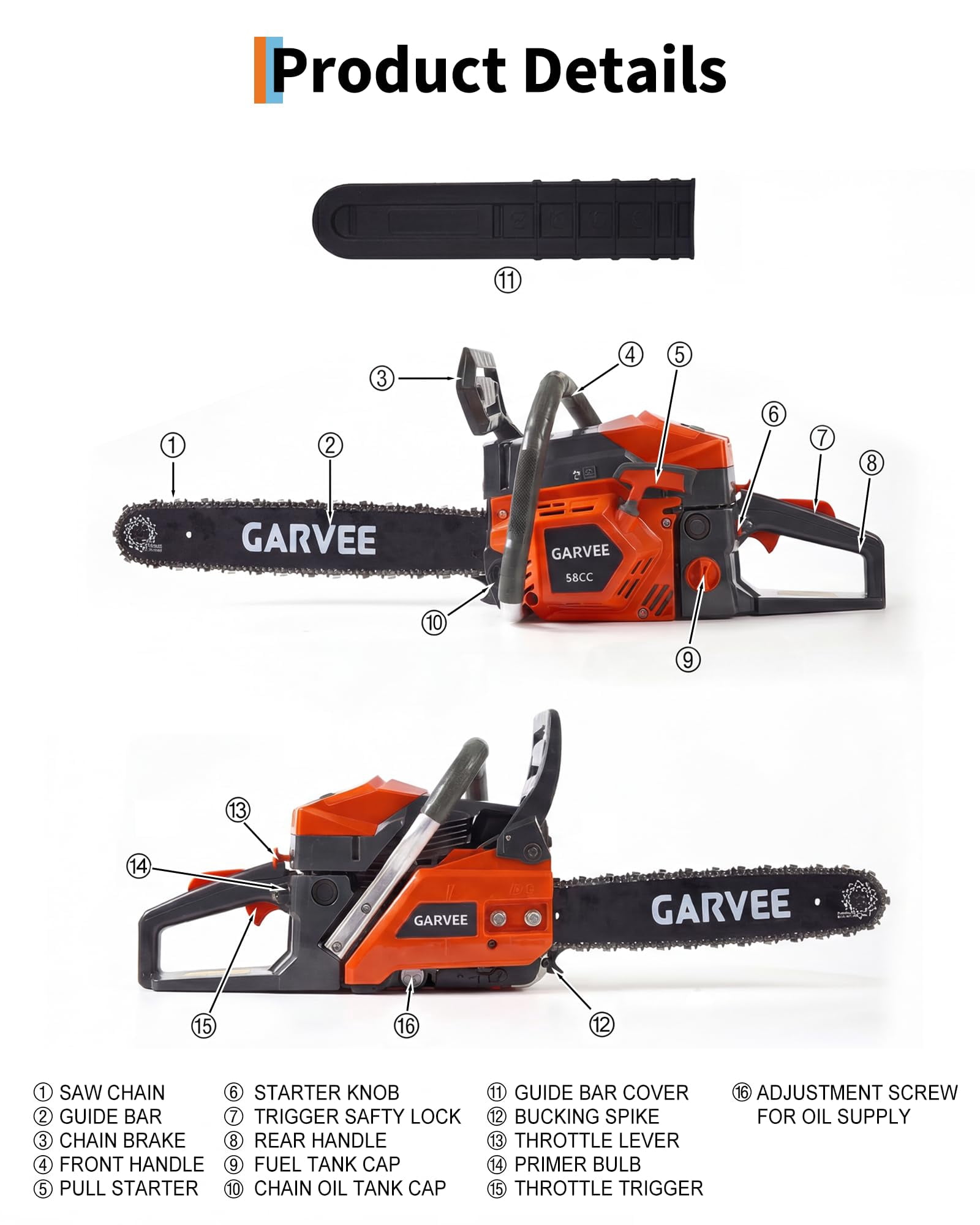 58cc Gas Chainsaw Tool Set – 2-Stroke Engine, 16/18/20-Inch Bar, Auto Chain Lubrication, Chain Brake, Heavy-Duty Forestry & Farm Use – 5800