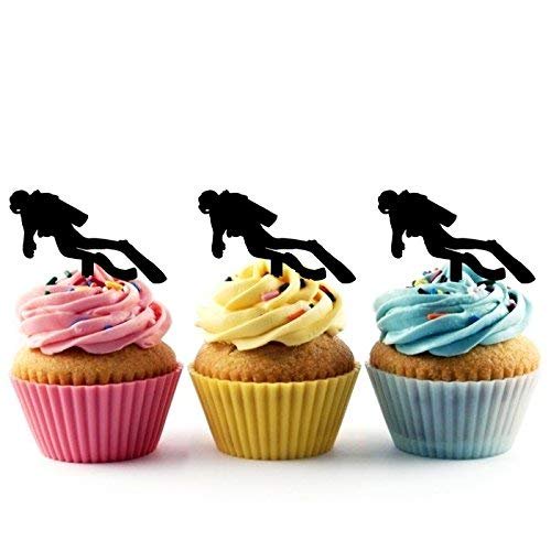 SCUBA Diver Silhouette Acrylic Cupcake Toppers 12 pcs