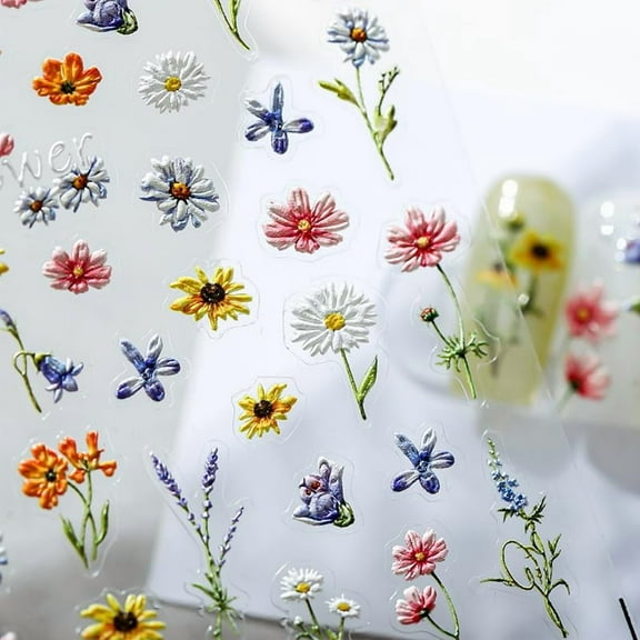 2Pcs Spring Flower Nail Stickers - Dimensional Relief Colorful Flower Nail Decals Self-Adhesive Sunflowers Lavender Daisy Nail Art Stickers Elegant Back Glue Nail Accessories for Women Girls
