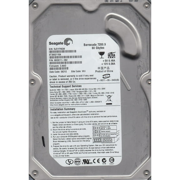 ST3802110A, 5LR, WU, PN 9BD011-302, FW 3.AAD, Seagate 80GB IDE 3.5 Hard Drive