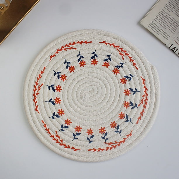 Posavasos de algodón y lino con pequeñas flores de estilo japonés, tapete de cuerda de algodón redondo grueso, mantel individual tejido a mano, tapete antiescaldaduras para platos y cuencos