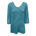 thumbnail image 4 of Ounisa Boho Crochet Tops for Women 3/4 Length Sleeve V Neck Hollow Out Knit Sweater Shirt Summer Lightweight Beach Cover Ups, 4 of 5