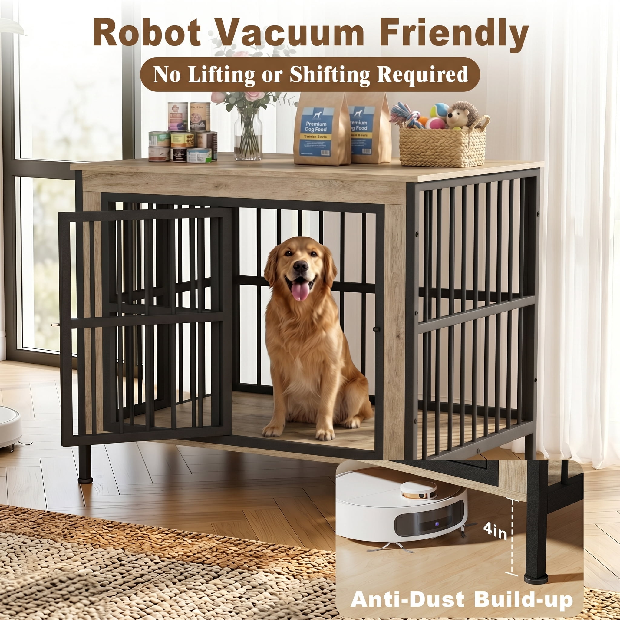 TIME RAY 39 Inch Dog Crate Furniture for Large Dog,Wood Dog Kennel Furniture Indoor with Removable Divider,Dog Cage Furniture as TV Stand,White