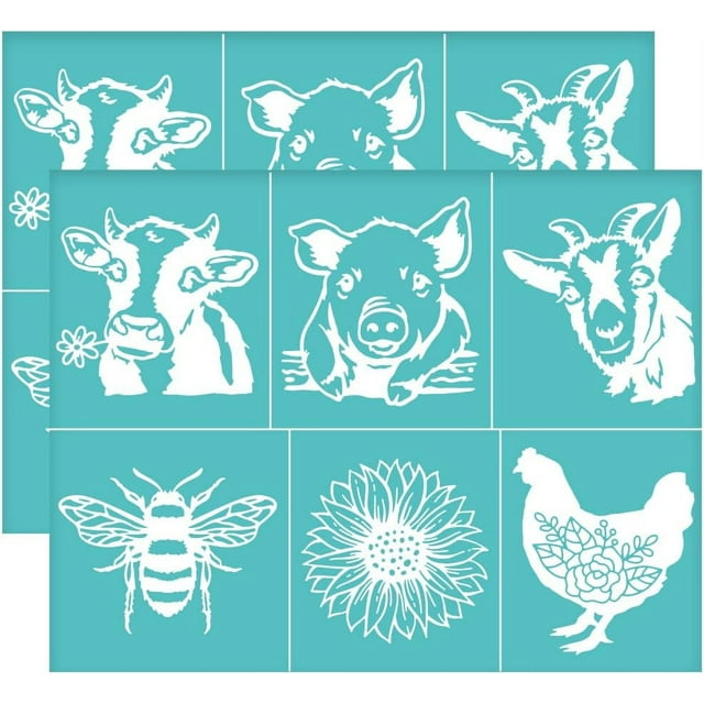 2 plantillas de serigrafía de 28 x 22 cm (11 x 8,6 pulgadas) con diseño de animales de granja. Autoadhesivas, reutilizables, para transferencia por malla.