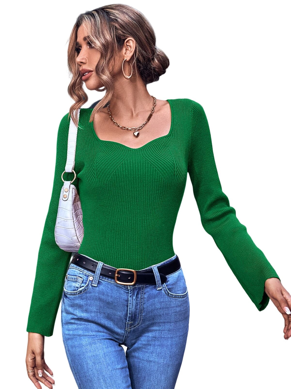 COMOSOFFER Women's Green Sweaters Long Sleeve Knit Sweaters Bell Sleeve
