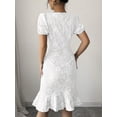 thumbnail image 2 of White Floral Embroidered Puff Sleeve Ruffle Hem Midi Sheath Dress, 2 of 30