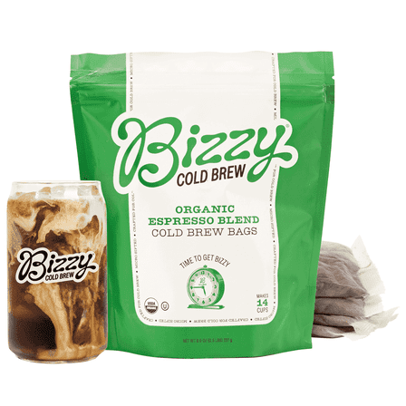 Bizzy Organic Cold Brew Coffee, Espresso Blend, Dark Roast, Coarse Ground, 100% Arabica, Brew Bags, 4 Count