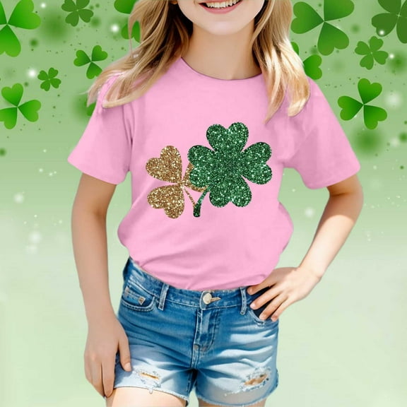 Funny St. Patrick'S Day Tshirt Short Sleeve Crewneck Clover Graphic Kids Shamrock Shirt for Teen Girls 6-7 Years