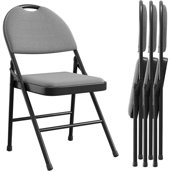 Twister.CK Folding Chairs 4 Pack, Metal Foldable Chair with Cushion and Non-Slip Feet Pads, Linen Party Chairs, for Meeting Room, Dining Room, Dark Gray
