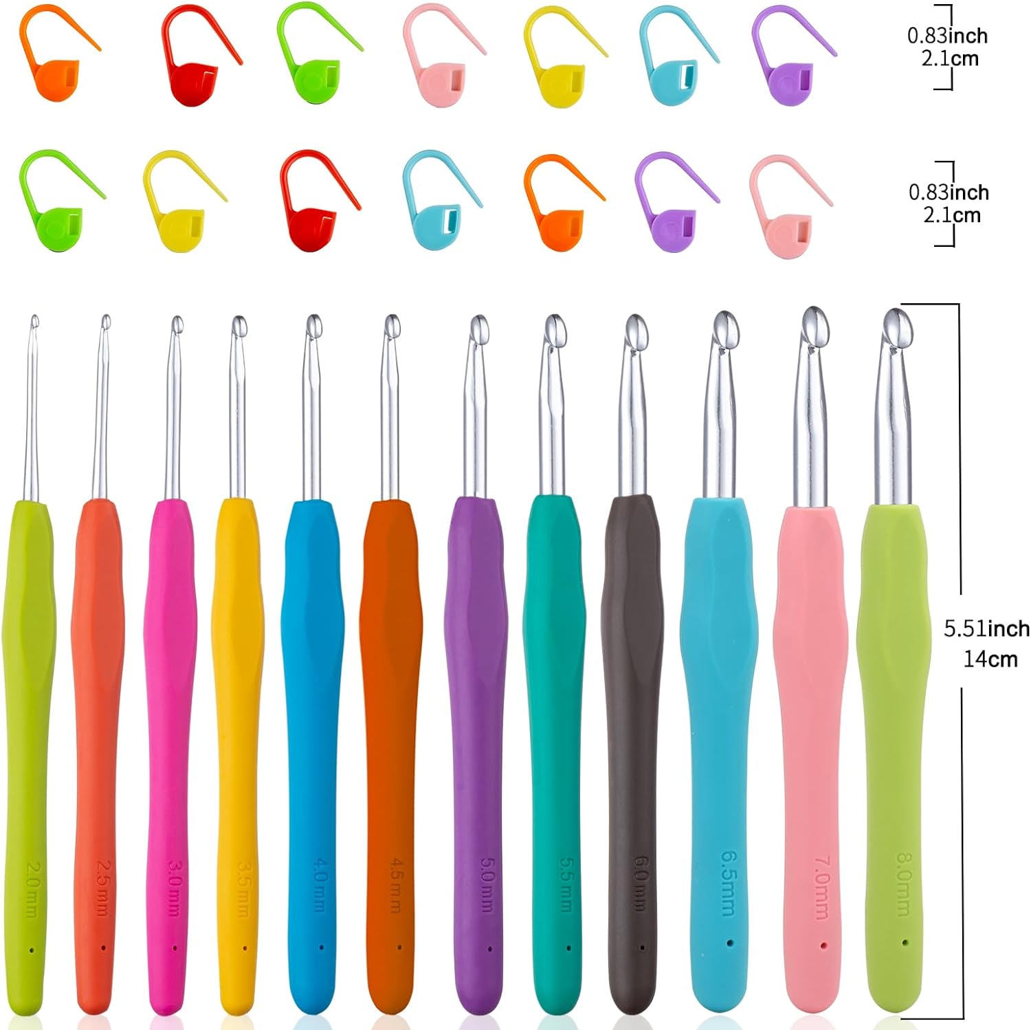 Vodiye No. 14 crochet hook set, sizes 2.0–10.0 mm, colorful metal crochet hooks, ergonomic design, comfortable to use