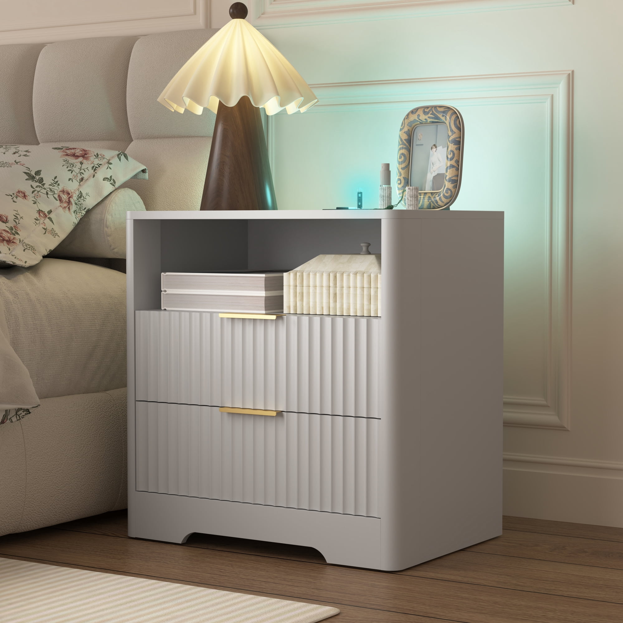 Nightstand with 2 Drawers,Smart Nightstand Bedside Tables with Night Light,Modern End Table for Bedroom,Living Room,White