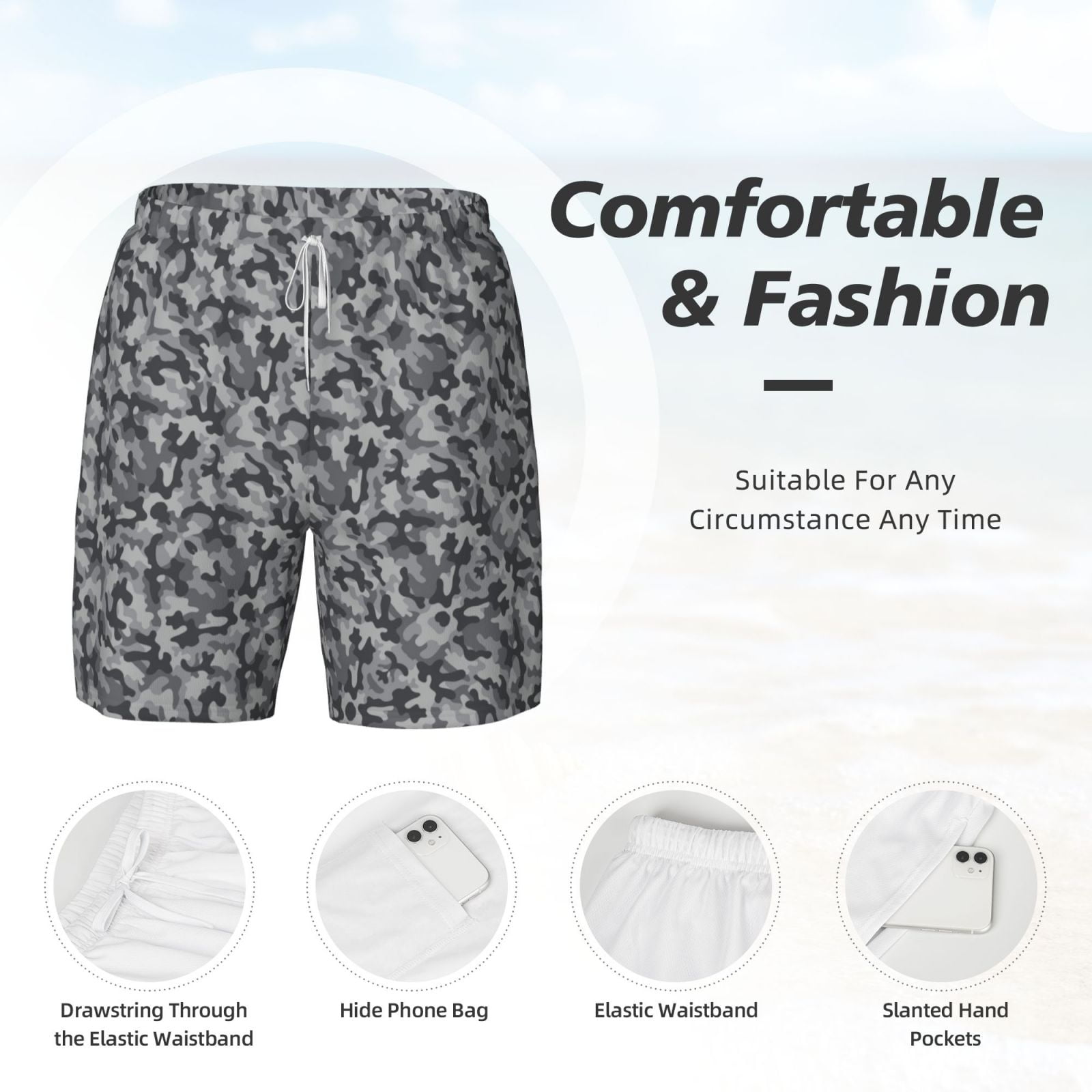Men's Grey Camouflage Print Swim Trunks with Compression Liner Bathing Suit Swimwear