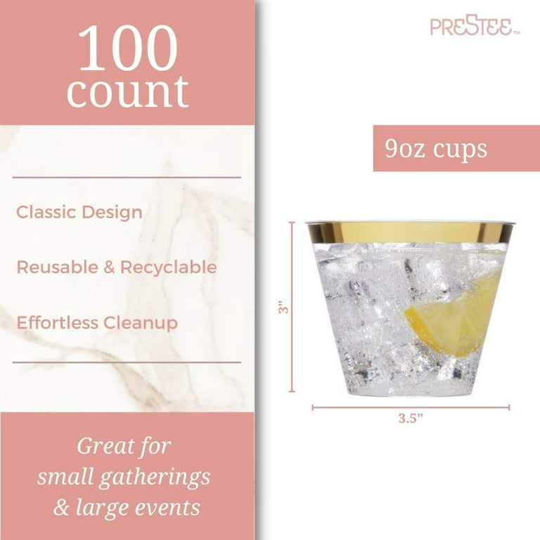 Prestee 100 Rose Gold Plastic Cups, 9 oz, Hard Disposable Cups, Plastic  Wine Cups, Plastic Cocktail Glasses, Plastic Drinking Cups, Bulk Party  Cups