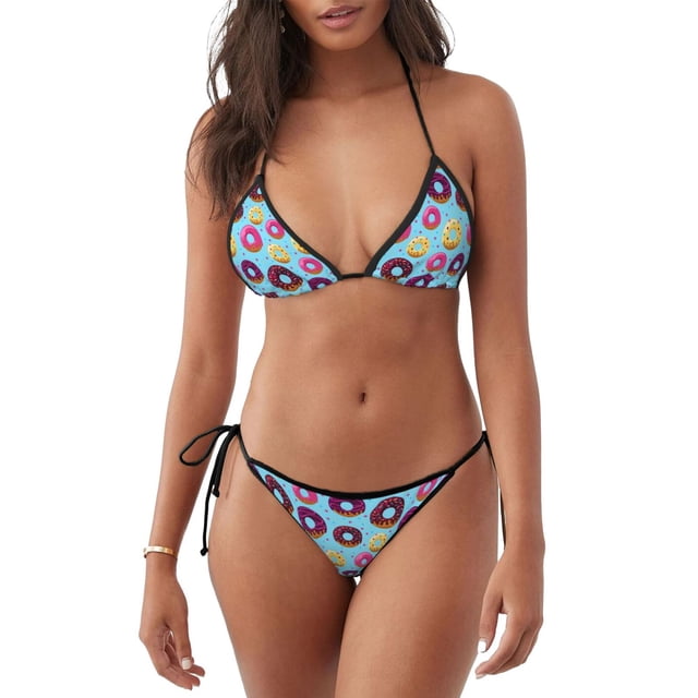 Saiise Donuts Pattern Women's Adjustable Bikini Set High-Cut Two-Piece Swimsuit for Beach Pool Party Tropical Vacation