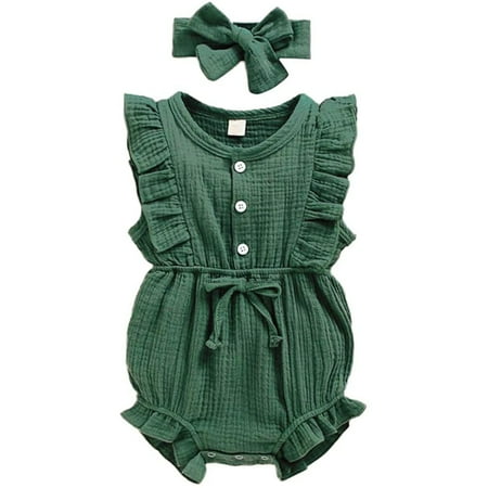 

bangyoudaoo Baby Romper Sleeveless Ruffled Plain Cute Romper Button Romper + Headband Set 100cm