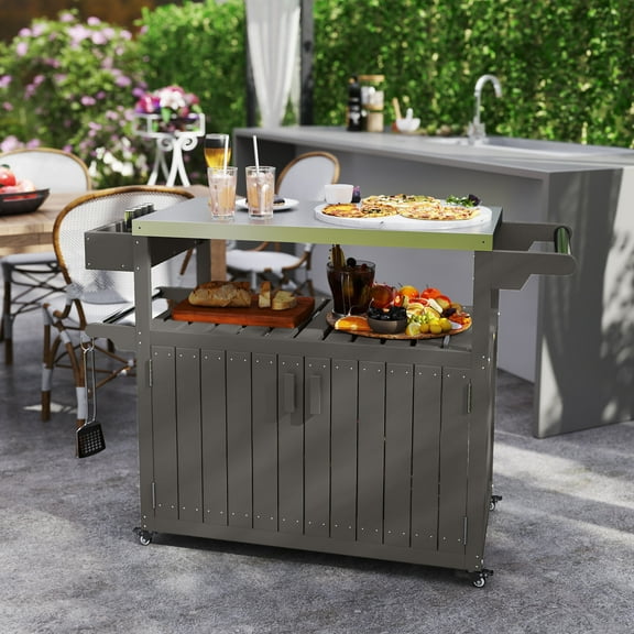 Outsunny Outdoor Bar Cart with Storage, Stainless Steel Top, HDPE Outdoor Kitchen Cart on Wheels, Outdoor Bar Table Beverage Food Prep Station, Gray