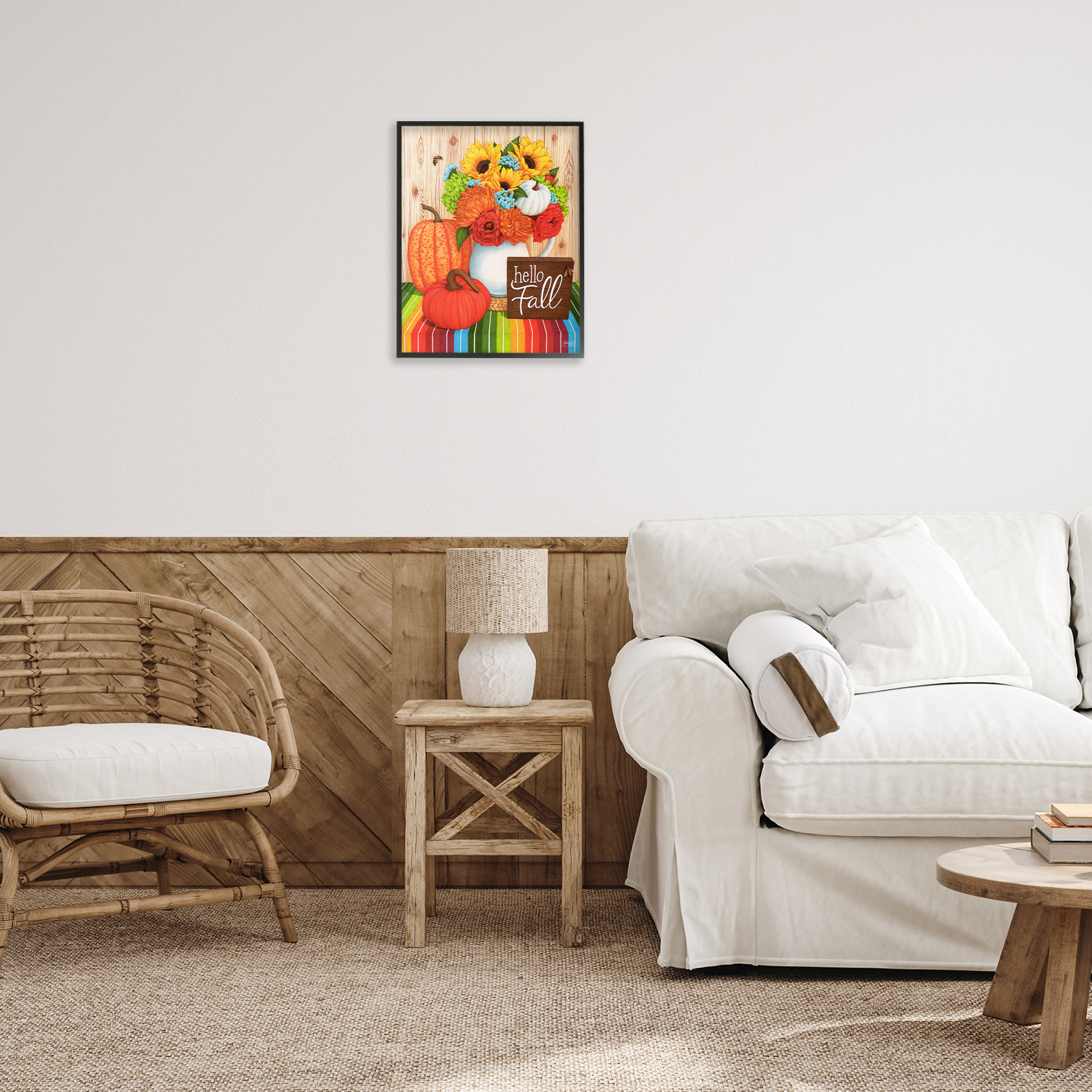 Stupell Industries Hello Fall Rainbow Pumpkins Holiday Painting Black Framed Art Prints Wall Art, 16 x 20