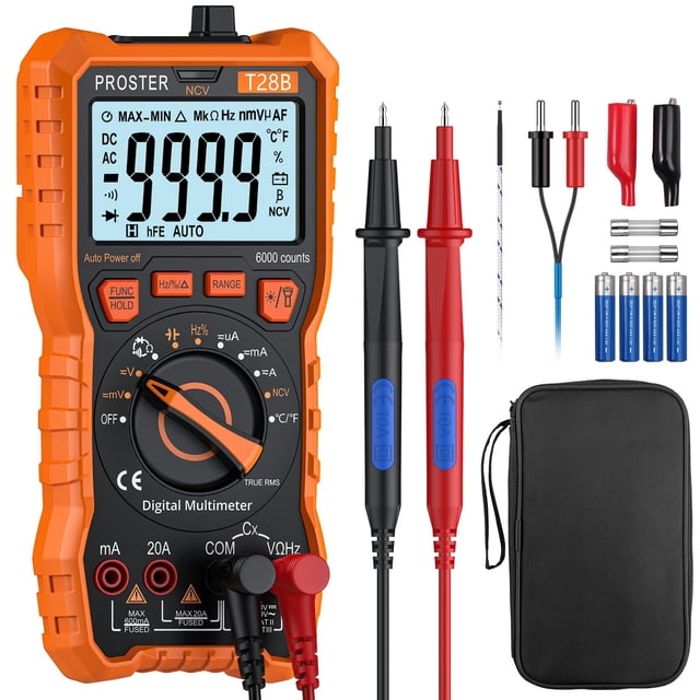 Proster Digital Multimeter 6000 Counts TRMS Auto Range NCV Detector DC AC Voltage Current Meter Temperature Capacitance Resistance Diode Co