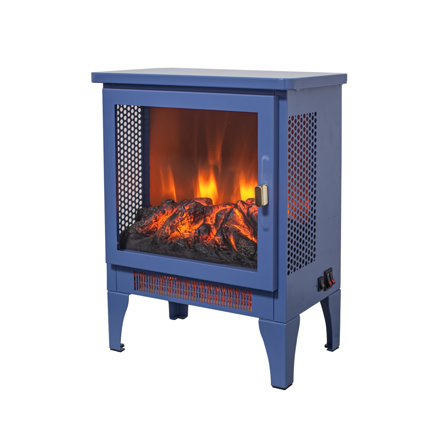 Lisonu 17-Inch Freestanding Electric Fireplace Stove, Portable Indoor Heater with 3-Sided 3D Flame View and 2 Heat Settings, Aqua Blue