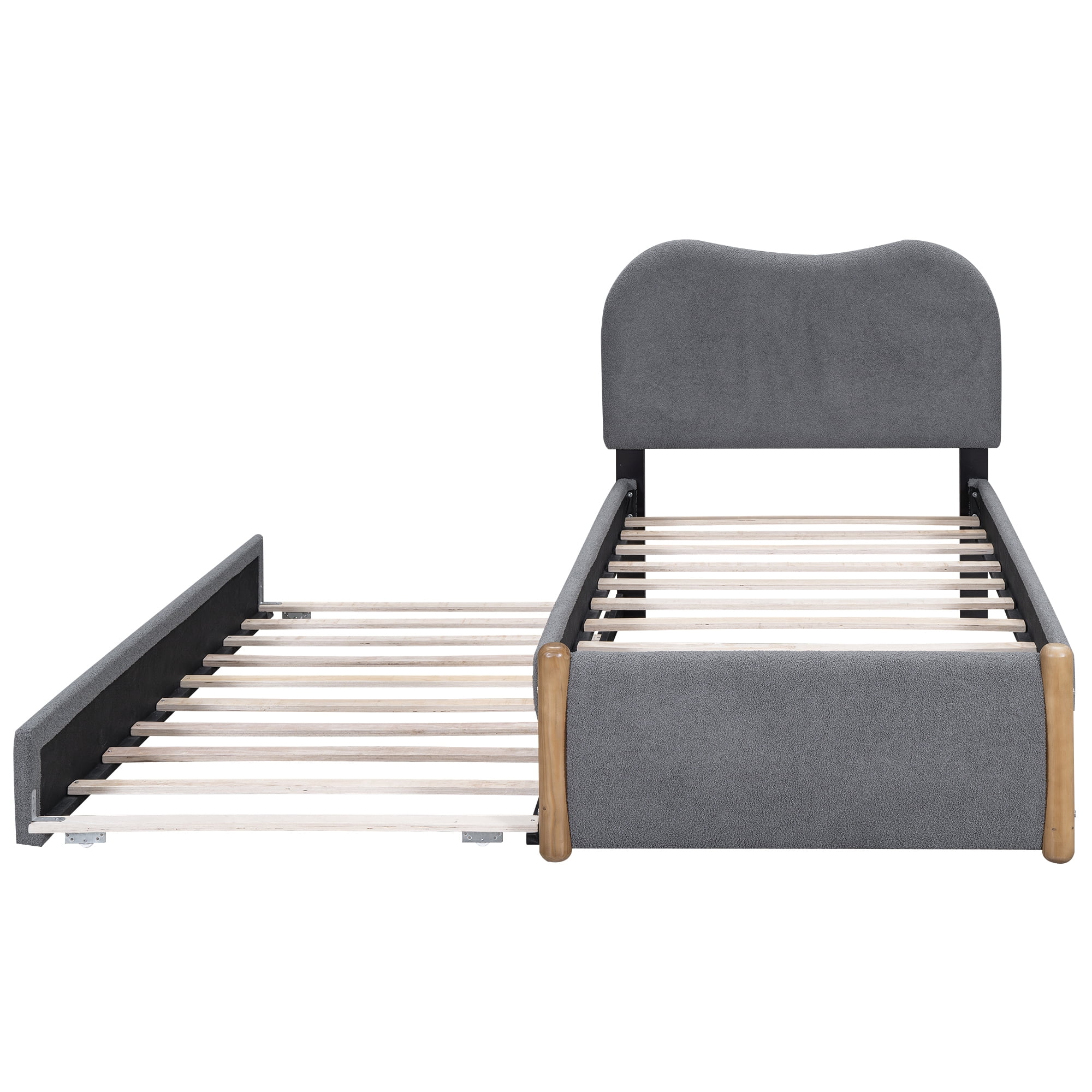 EUROCO Upholstery Twin Size Platform Bed with Twin Size Trundle, Wood Support Legs for Kids, Gray