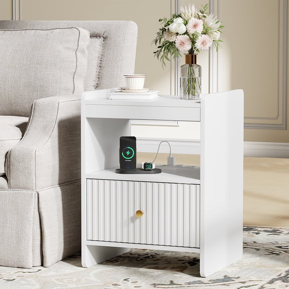 PLAMLE Nightstand side End Table for Bedroom with Drawers Storage Retro End Table Table with Charging Station Wooden for Living Room