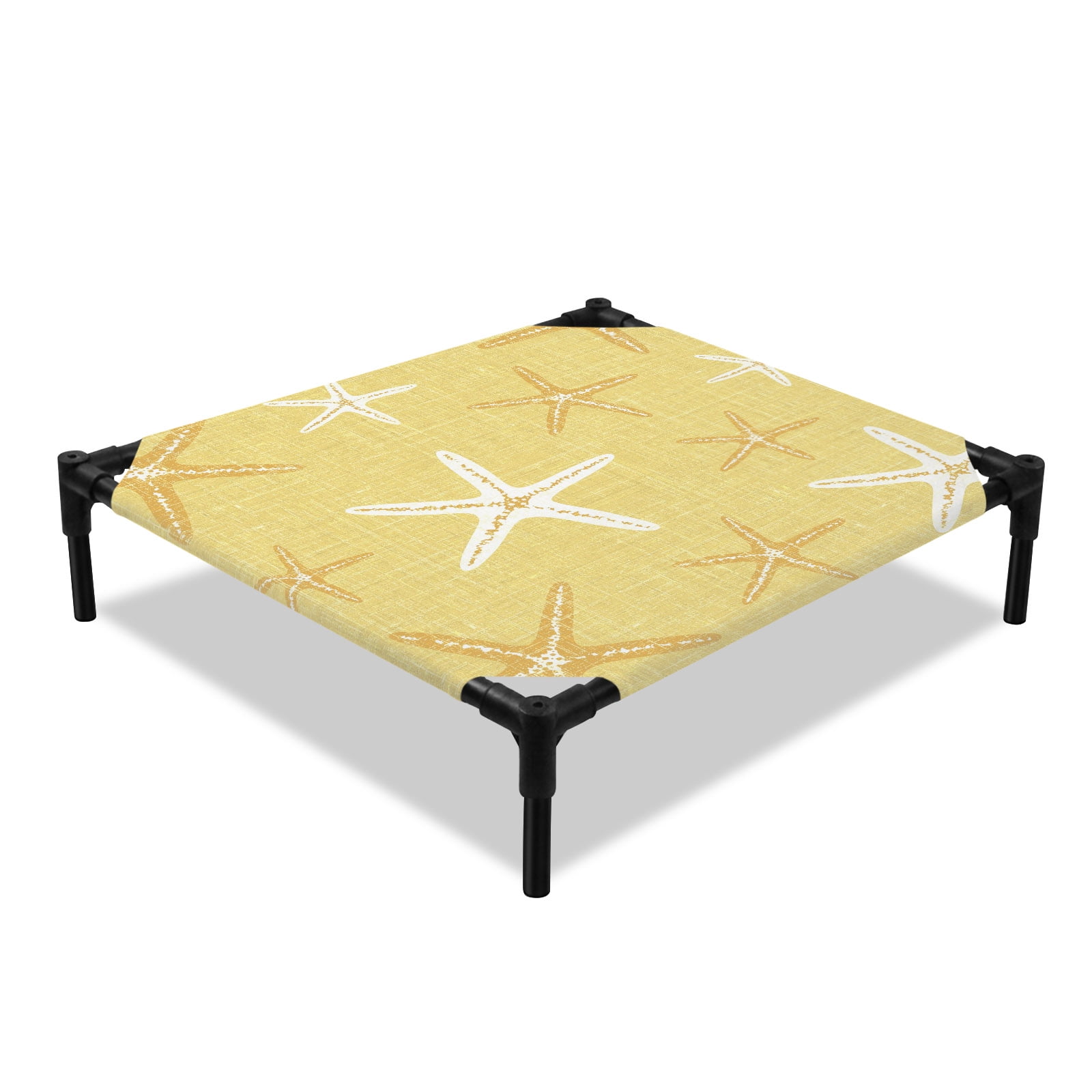 Vintage Yellow White Starfish Elevated Dog Bed Summer Coastal Beach Marine Life Cooling Breathable Outdoor Raised Dog Cot Bed with Metal Frame Non-Slip Feet for Small Dog 20x20in
