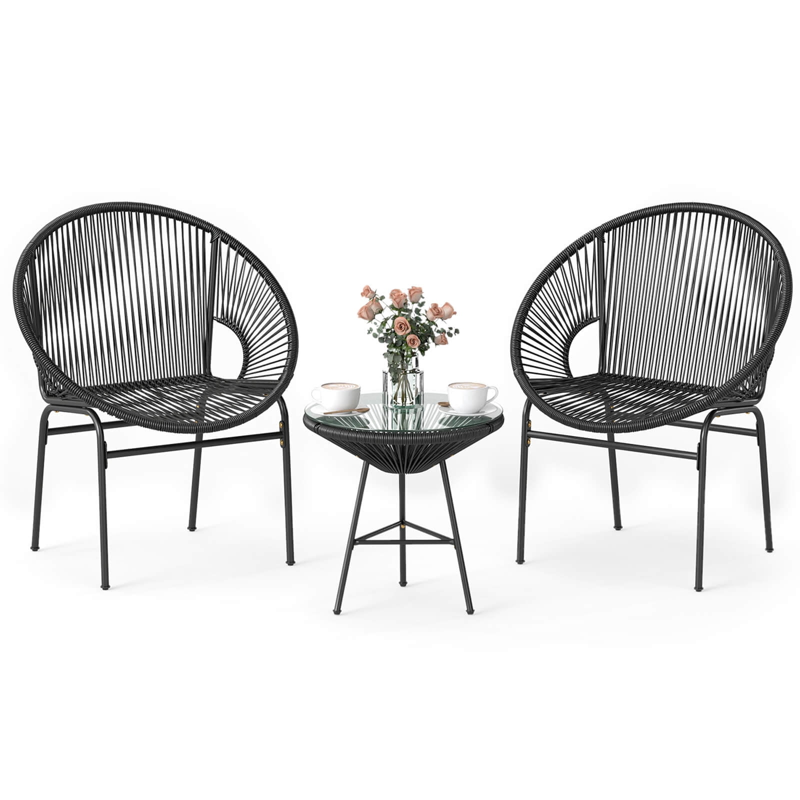 Costway 3PCS Patio Acapulco Furniture Bistro Set Plastic Rope Glass Table Black