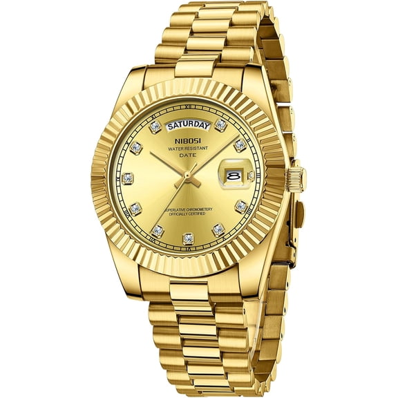 Men's Analog Quartz Watch, Gold Silver Stainless Steel, Day Date | 100 FT Waterproof, Luxury Diamond Dial, Business Classic Dress Wrist Watches for Men