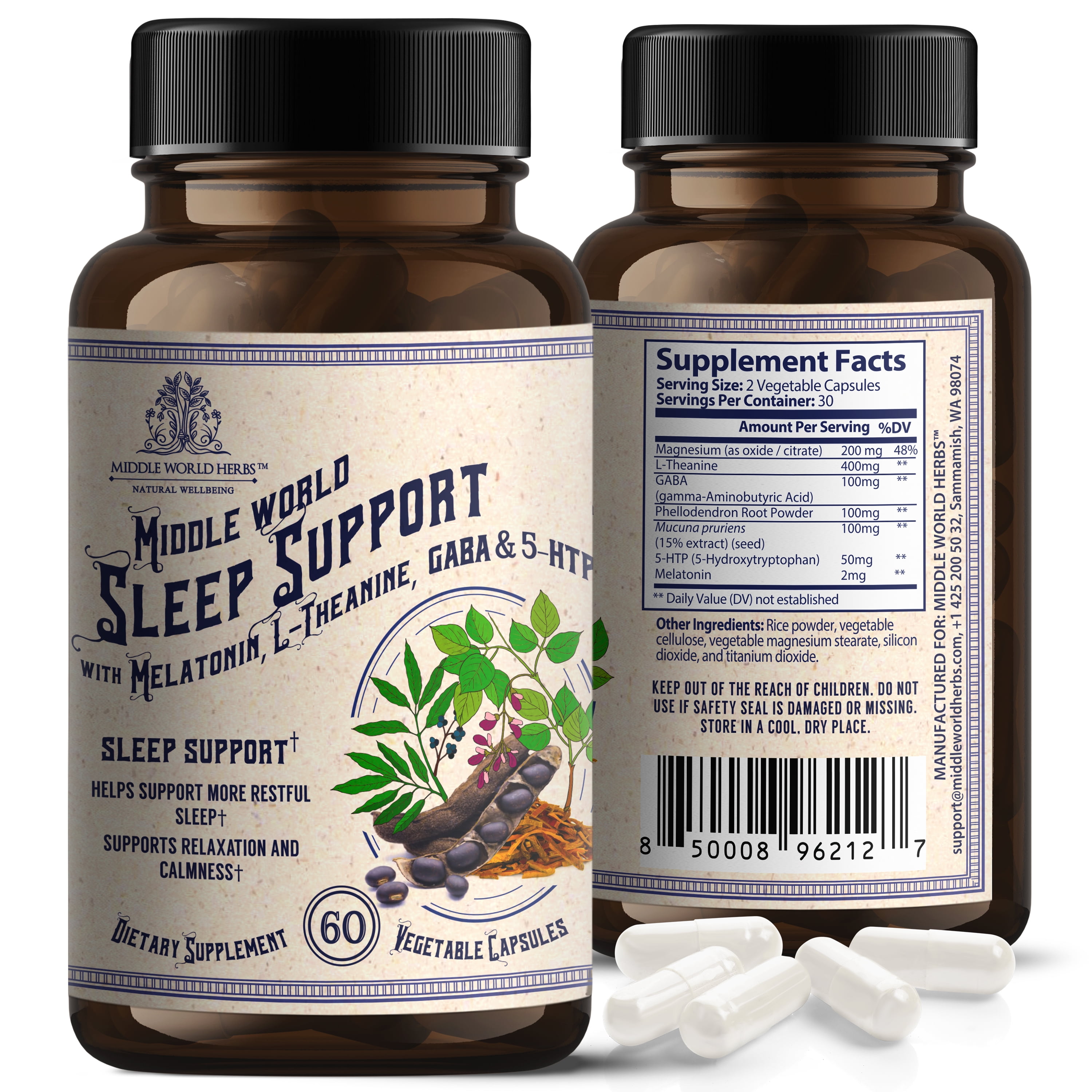 Middle World Sleep Support with Melatonin, L Theanine, GABA and 5 HTP DrugFree Natural Sleep