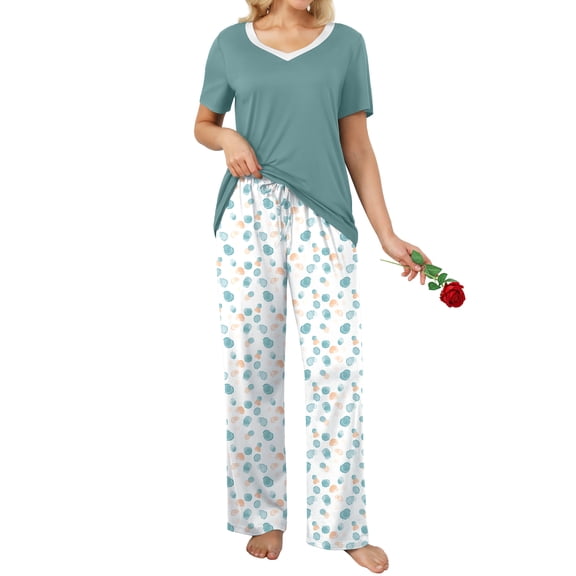 MINTREUS Womens Pajamas Sets 2 Piece Short Sleeve Lounge Set Printed Loose Pants Pj Sets, S-2XL