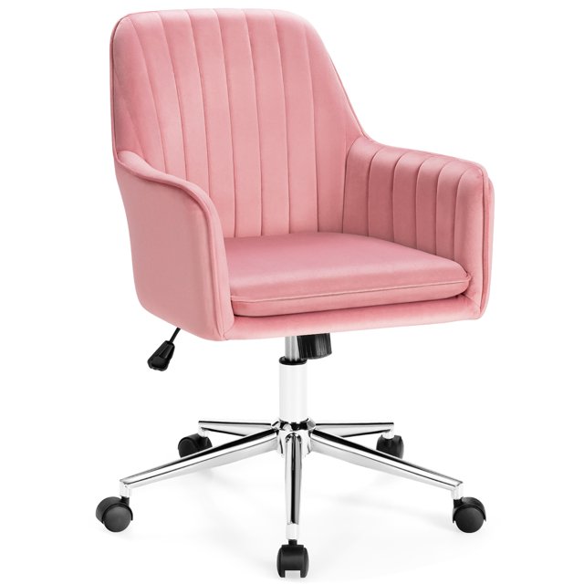 Costway Fauteuil de Bureau en Velours avec Coussin Amovible Réglable Rose