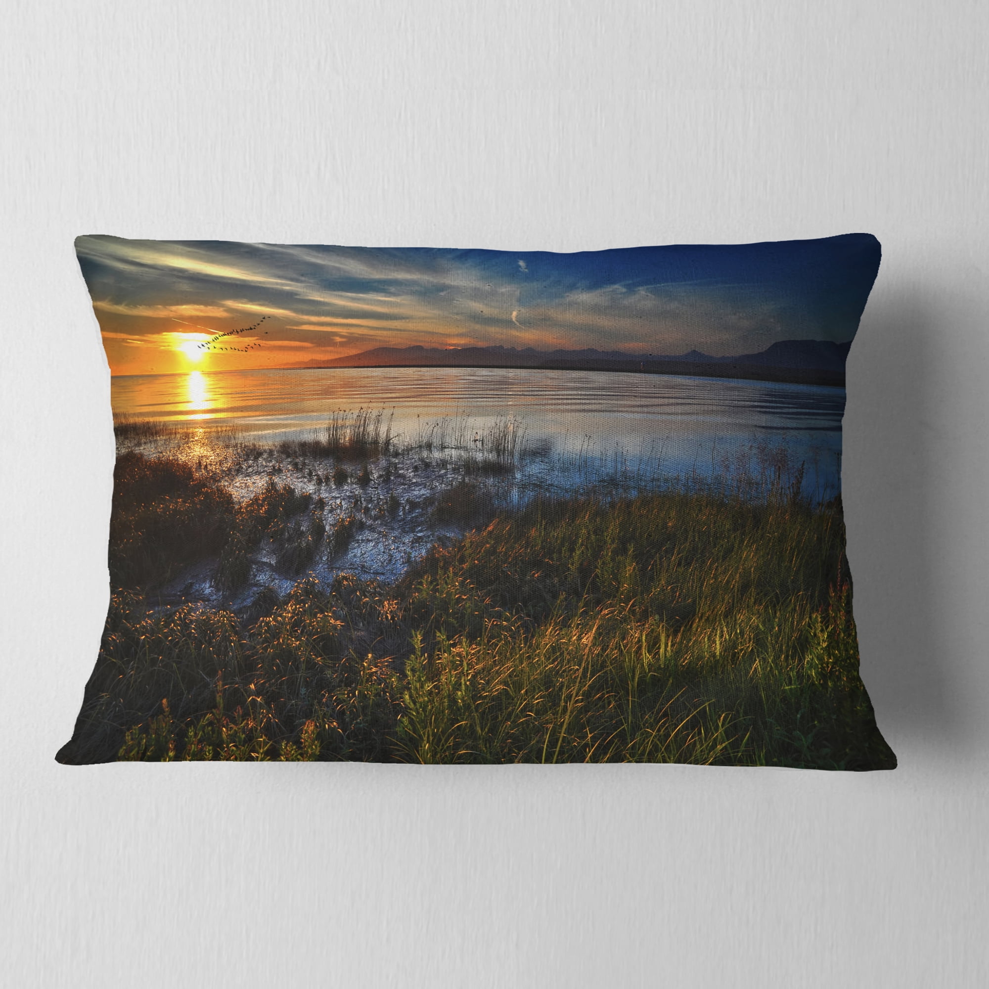 Designart Warm River Sunset With Migrating Geese - Landscape Printed Throw Pillow - 12x20