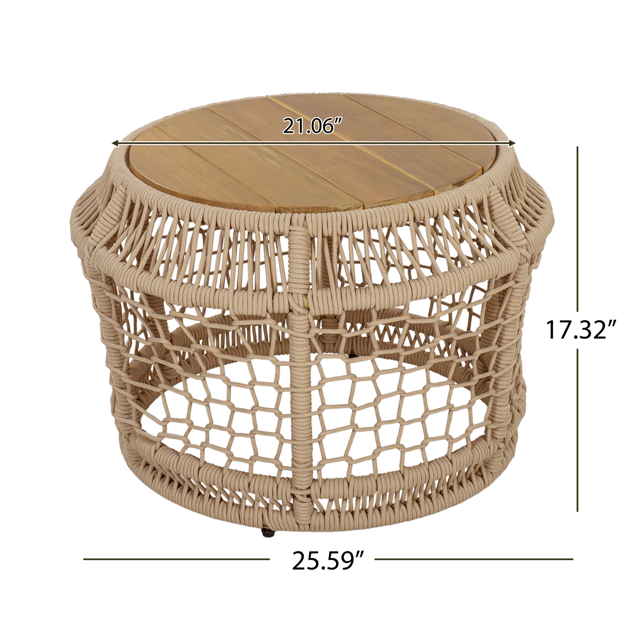 Christopher Knight Home 25.6" Coastal Round Wood Side Table with Rope Frame, Weather-Resistant, Light Beige