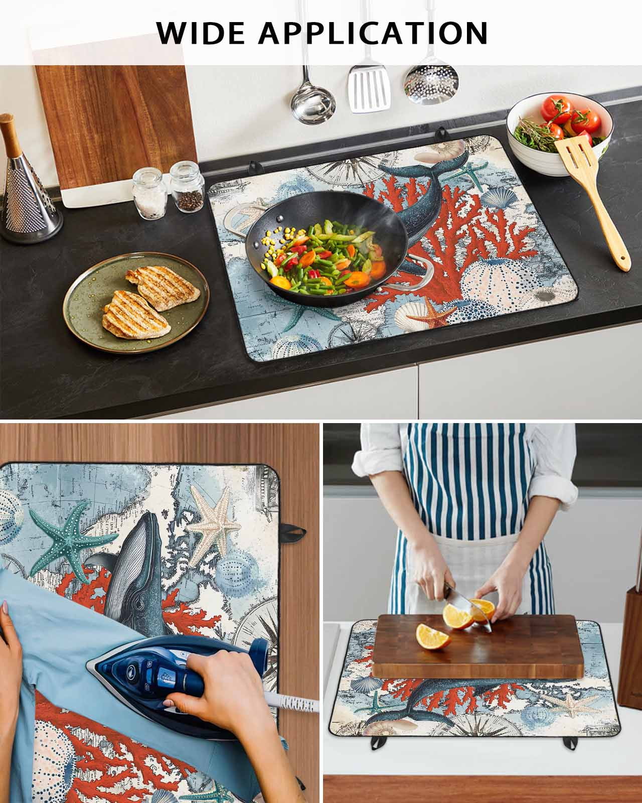 nqOlkjepod Large Induction Cooktop Protector Mat 36"x21", Vintage Whale Stove Top Covers for Electric Stove, Retro Coastal Coral Nautical Ocean Stove Burner Cover Mats, Glass Top Stove Cover