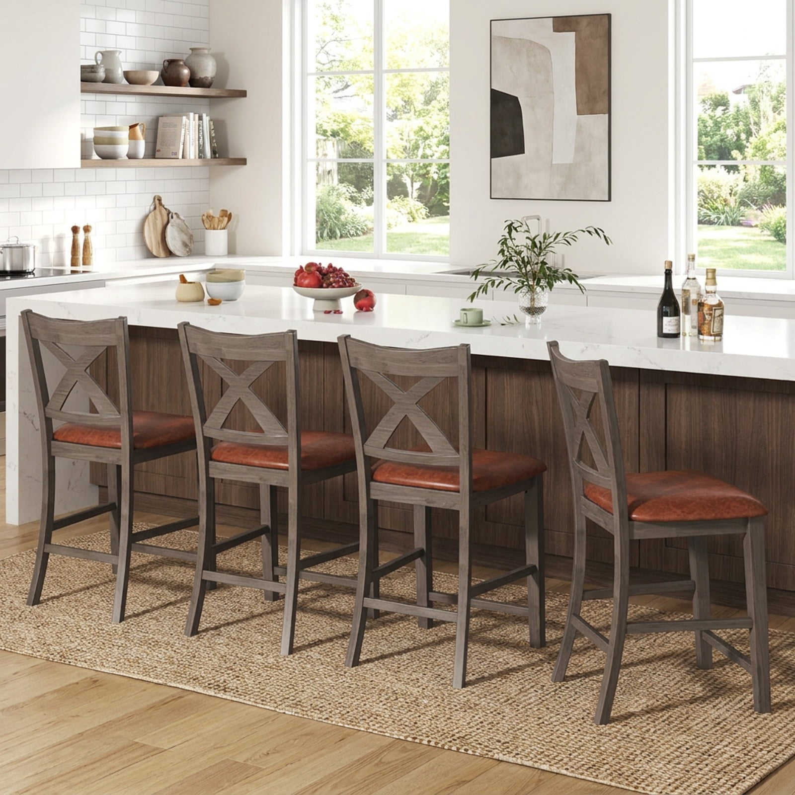 Furnibear Bar Stools Set of 2 with Cross Back and Faux Leather Upholstered Seat