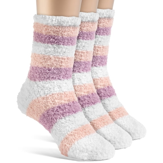 Frad Rivka Girls' Striped Warm Crew Fuzzy Socks - 3 Pairs