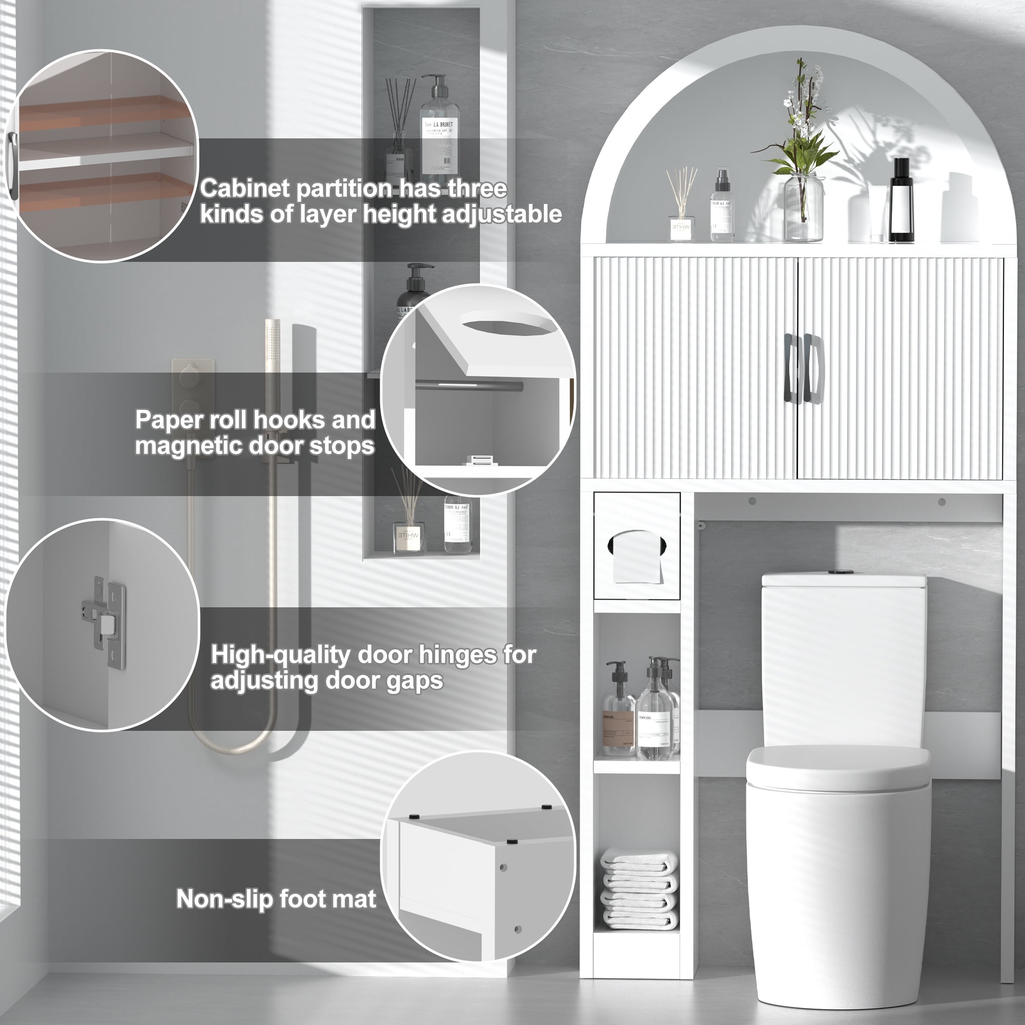 HARIPUL Over The Toilet Storage Cabinet w/ Unique Wood Grain & Arc Design, Freestanding Bathroom Shelf Organizer Space Saver w/ Doors & Anti-Tip Device, White