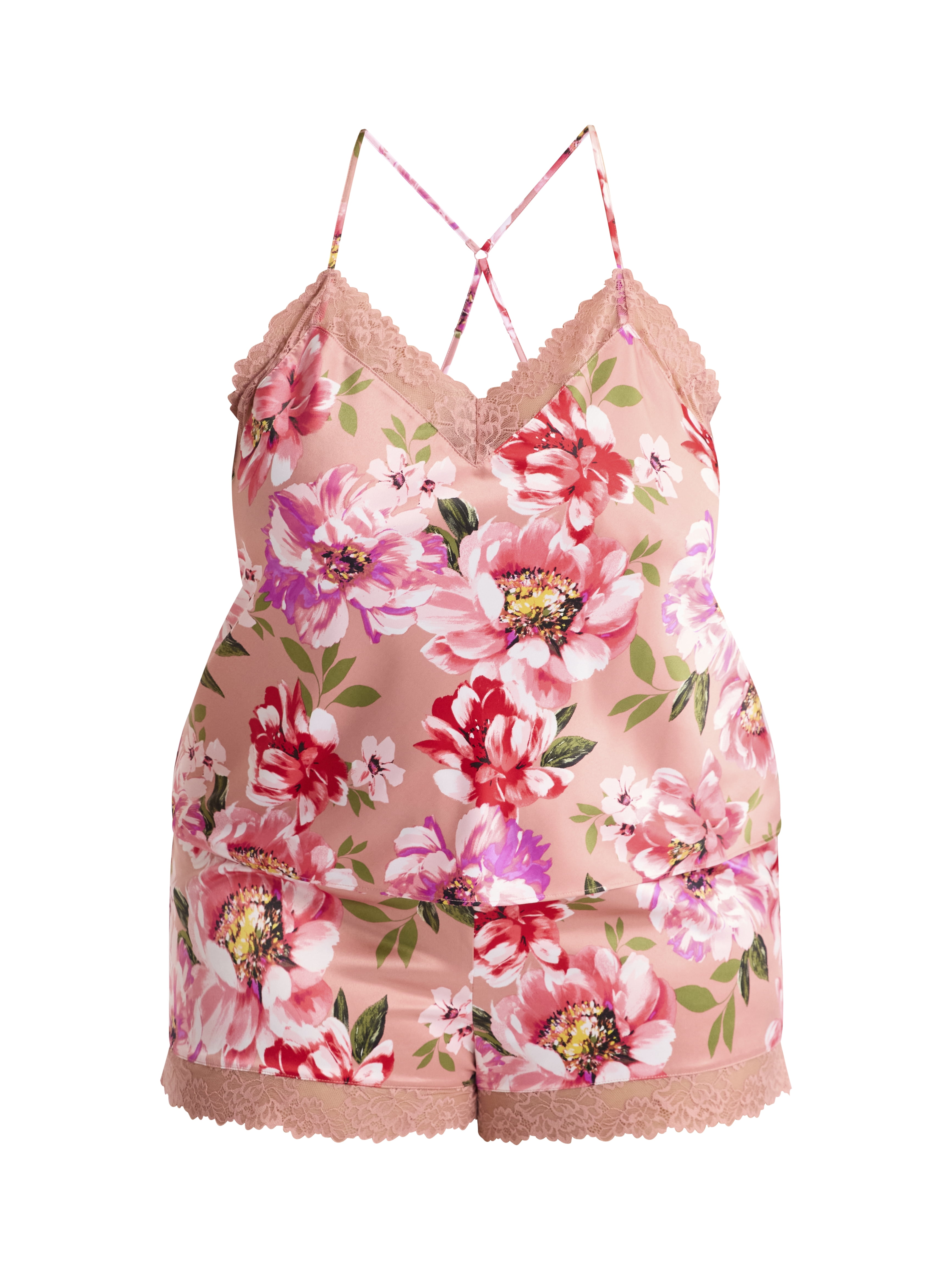 Joyspun Women’s and Women’s Plus Satin Cami and Shorts Pajama Set with Lace Trim, Sizes XS to 3X