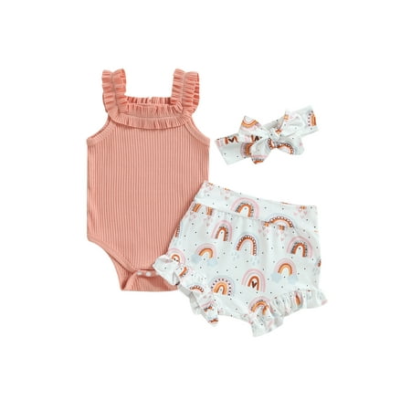 

Infant Baby Girls Clothes Suits Solid Color Ribbed Sleeveless Frills Sling Romper Rainbow Print Shorts Headband 3Pcs Set