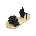 thumbnail image 1 of Flat Sandals for Women, Open Toe Ankle Strap with Floral Embellishment and Woven Rope Sole, Black Size 36, 1 of 9