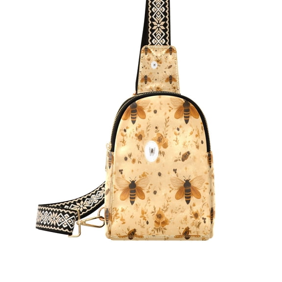 Bee and Floral Pattern Women's PU Leather Crossbody Bag, Dual Zipper Pockets, Adjustable Strap, Water Resistant